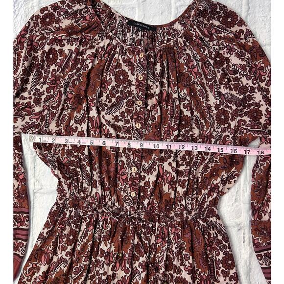OLIVACEOUS Cottage Core Boho Floral Ruffled Mini Dress Balloon Sleeve Brown Sz M - Picture 5 of 8